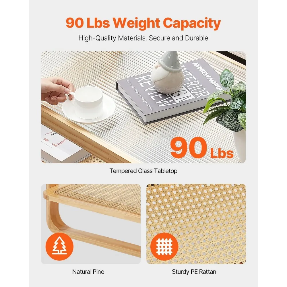 Mesa de centro de vime, mesa de centro retangular de madeira tecida com tampo de vidro temperado, mesa de centro moderna de armazenamento Boho de 45 polegadas