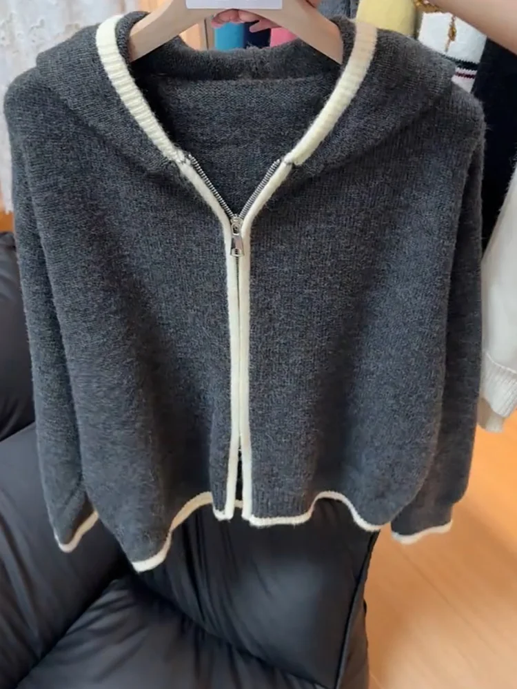 

Korean Sle Zipper Hooded Open Cardigan Autumn New plus Size Slimming Versatile Top Color Blo High-End Feeling Warmth