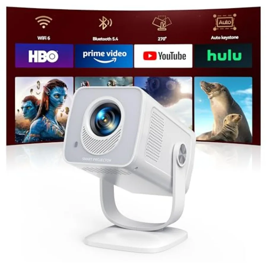 

Портативный мини-проектор с WiFi6, Bluetooth 5.4, 4K, Smart 1080P, для просмотра фильмов на открытом воздухе, Android 13, встроенные приложения, автоматическая коррекция трапецеидальных искажений 2.0