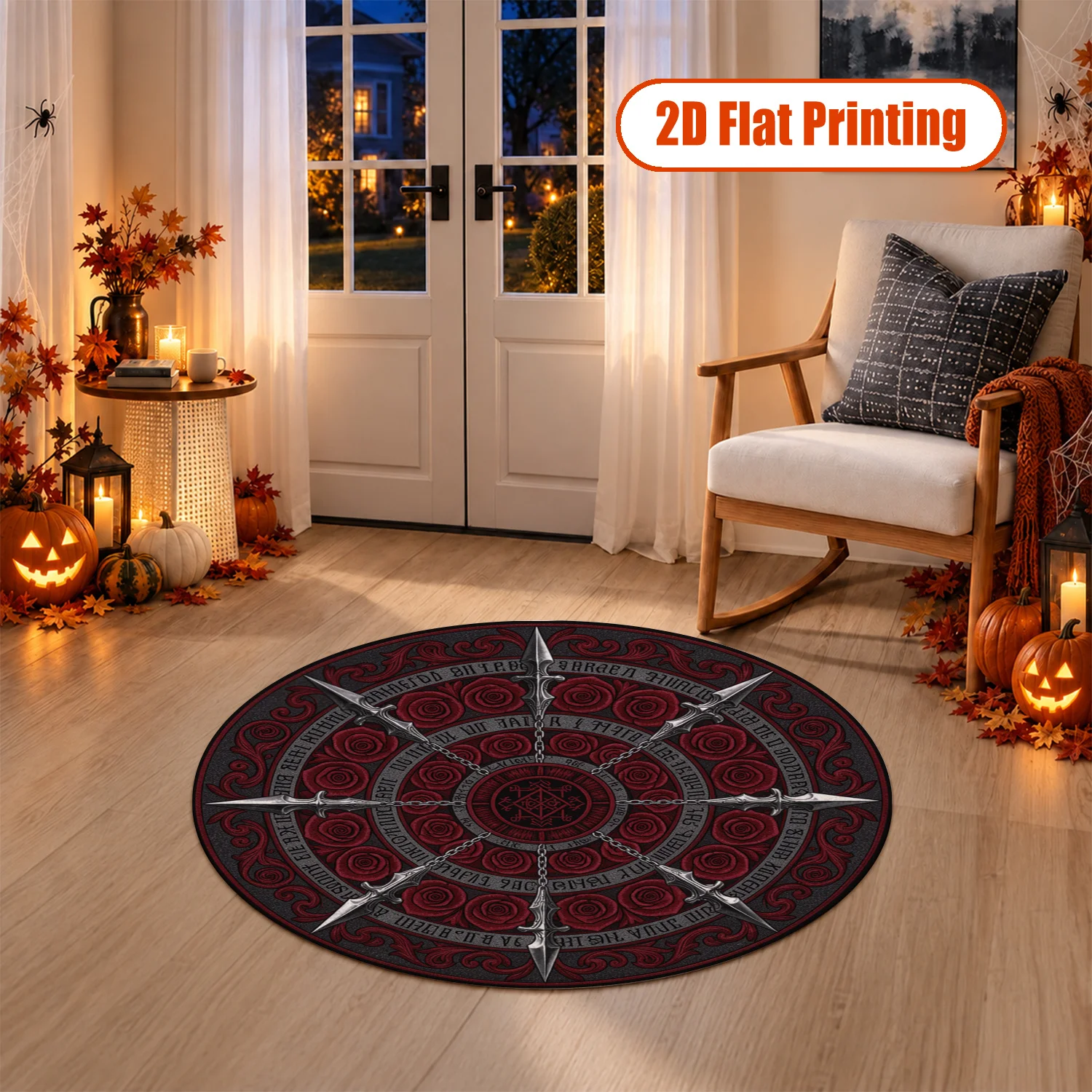 Gothic Red Rose Circular Pattern Round Velvet Area Rug, Machine Washable, Suitable for Living Room, Bedroom, Entryway, Dining Room, Ideal for Halloween, Thanksgiving, Christmas, New Year Home Decor