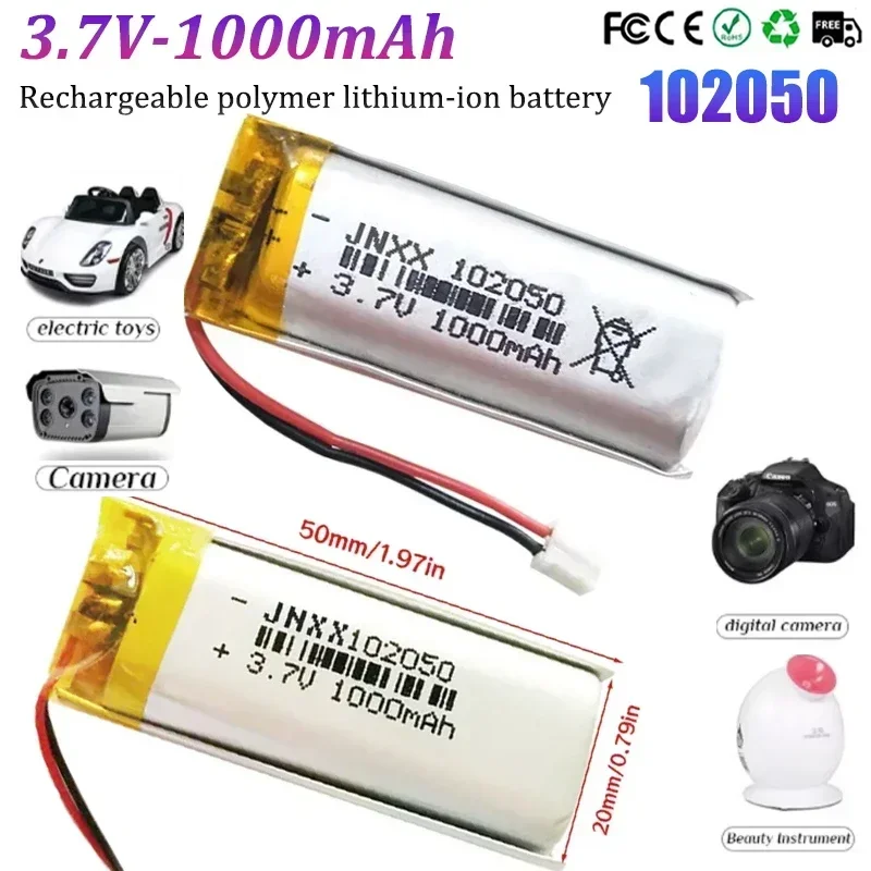 3.7V Rechargeable Polymer Lithium Battery 102050 1000mAh Suitable for FPV GPS Logger LED Beauty Instrument Replacement Battery