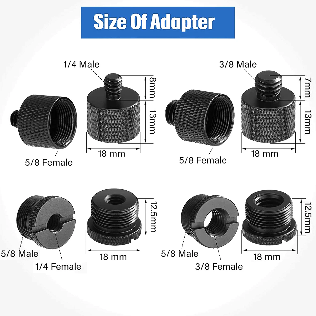 8 pz un set Adattatore filettato supporto microfono Set 1/4,3/8 Maschio a 5/8 Femmina Supporto per microfono Fissaggio Trasferimento adattatore filettatura vite