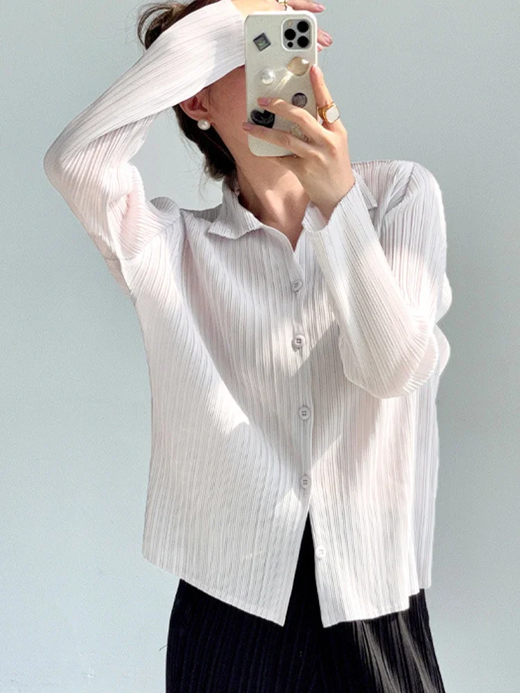 Women Pleated Long Sleeved Shirt with Solid Color Collar Comfortable Fabric Casual Daily Office Top 2026 Spring Fashion Top