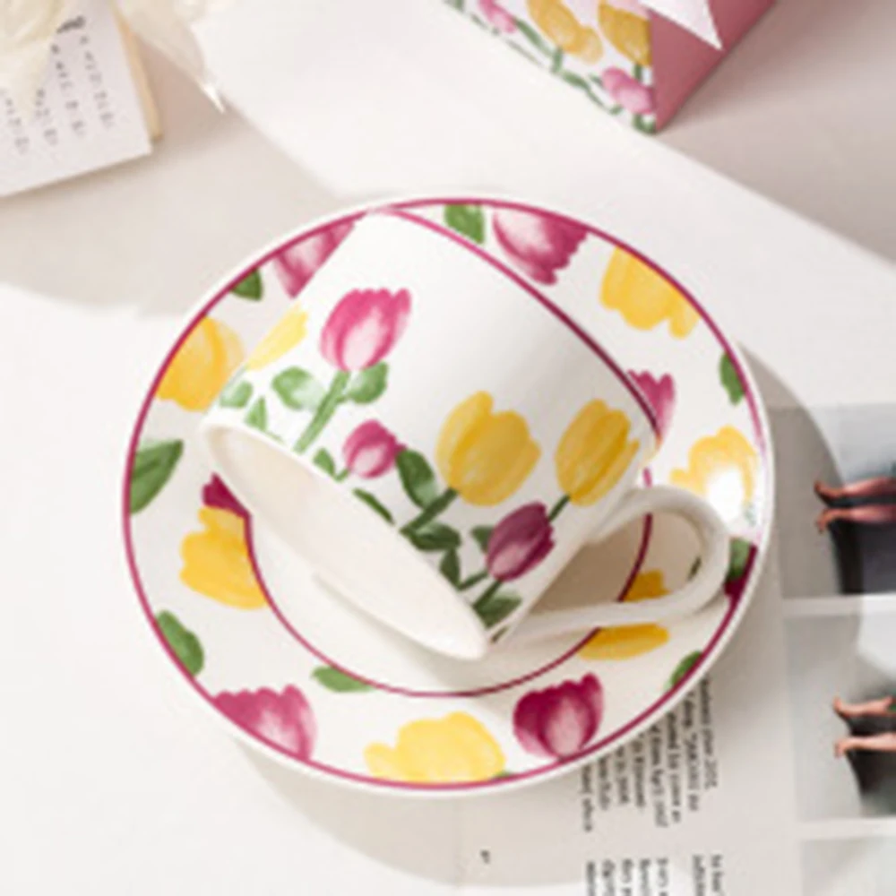 Exquisite Floral Coffee Cup and Saucer Set  Hand-Painted Pattern Ceramic Tea Pair with Niche Design for Afternoon Tea