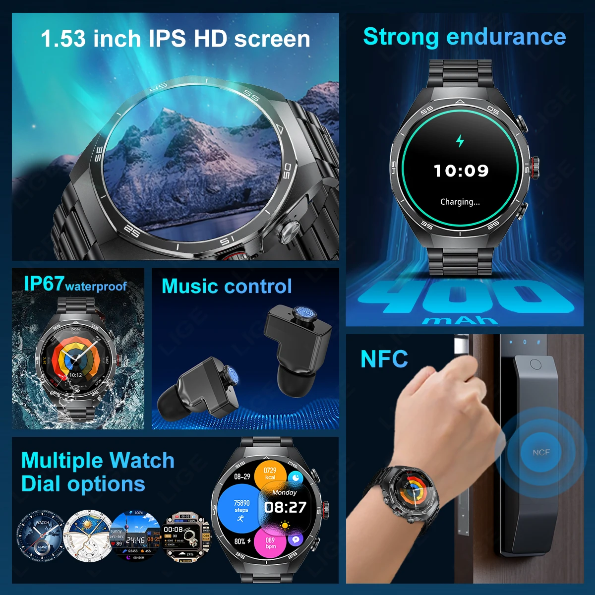 2025 신형 화웨이 TWS 뮤직 이어버드 스마트워치 NFC AMOLED 블루투스 통화 심박수 혈중 산소 측정 스마트워치 헤드폰