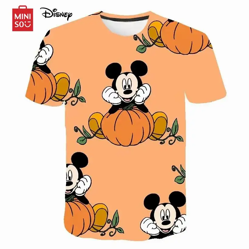 MINISO Disney Cartoon Mickey Mouse T-shirt Children T-shirt Boys 3D Print Summer Mickey Breathable Shirt 1-14 Year Old T-shirt