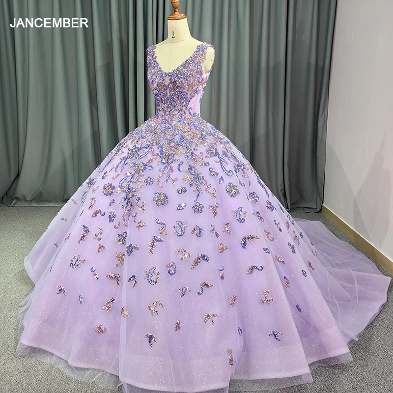 Jancember Brand New Customization Quinceanera Dresses 2024 Sequins Ball Gown V-neck Tank Court Train Lace Up Bar Mitzvah DY6589