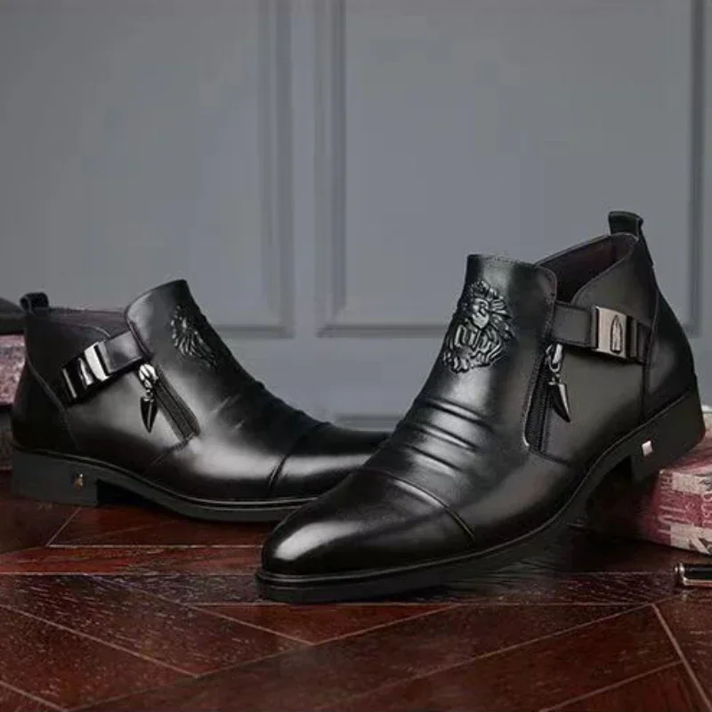 Men's Shoes Trendy Men Boots Luxury High Quality Leather Embossing Men's Boots Zip Male Leather Shoes Hard-Wearing Work Footwear - Image 6