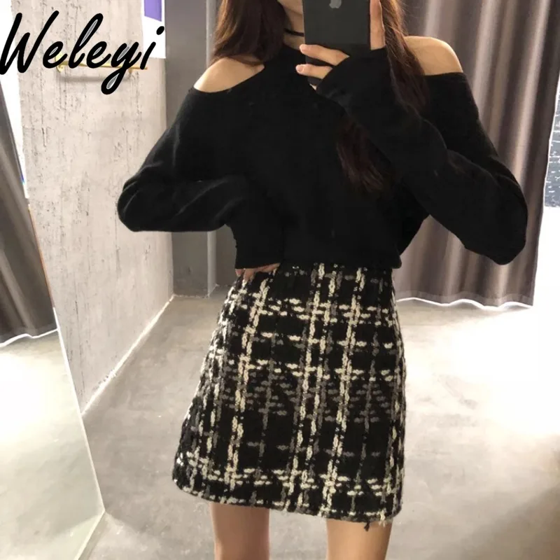 Streetwear Woolen Plaid Short Skirt Ladies Autumn and Winter 2024 New Women's High Waist Slimming A-line Hip Wrap Mini Skirts