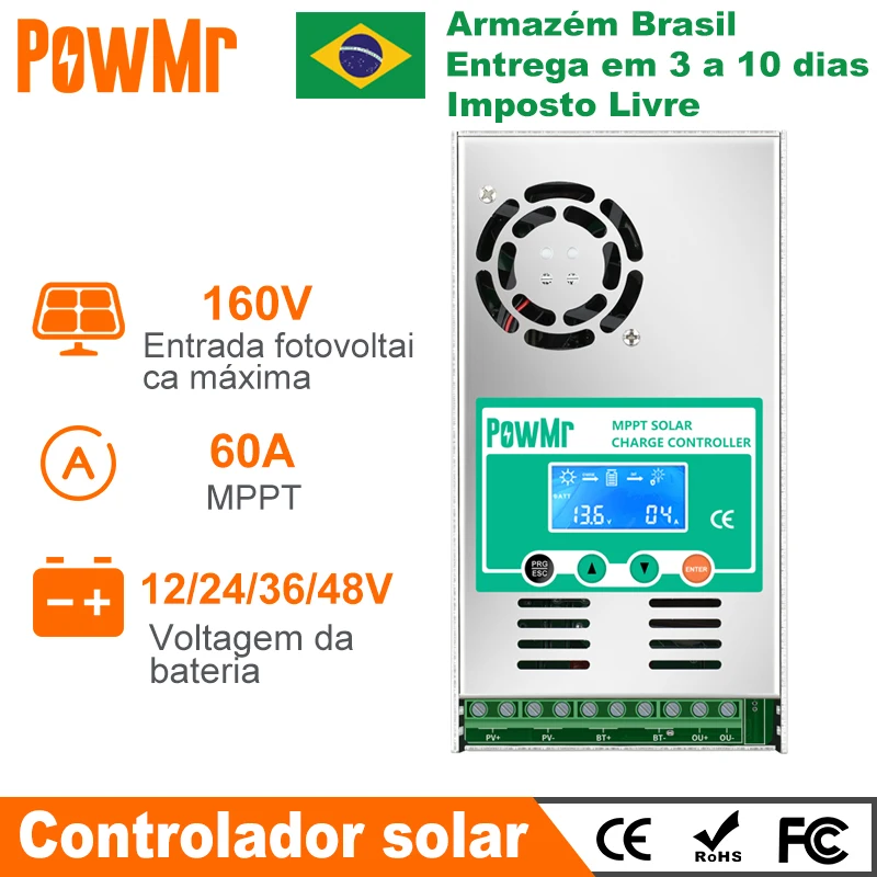 Estoque Brasil PowMr-Controlador De Carga Do Painel Solar, Regulador Solar, Auto Max PV 190VDC para Bateria De Lítio Ácido Ao Chumbo, 60A, 12V, 24V, 36V, 48V, MPPT