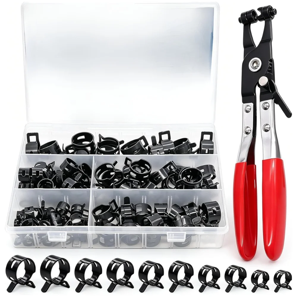 115pcs 6-22mm Black Vacuum Spring Fuel Oil Water Hose Clip Pipe Tube for Band Clamp Metal Fastener Assortment Kit
