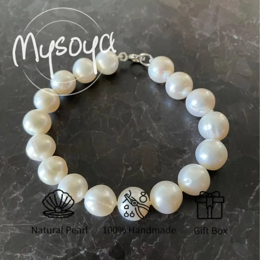 

MYSOYA 9-10mm Natural White Freshwater Pearl Bracelet For Women Men With Gift Box Perfect Birthday Wedding Jewelry Gift
