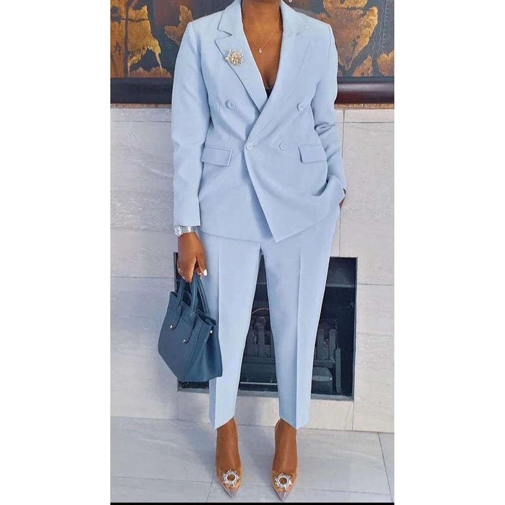 

Classic Light Blue Plus Size Women two Pieces Suit Set Customized Size Slim Fit Jacket Pant Set Office Business Female Clothing