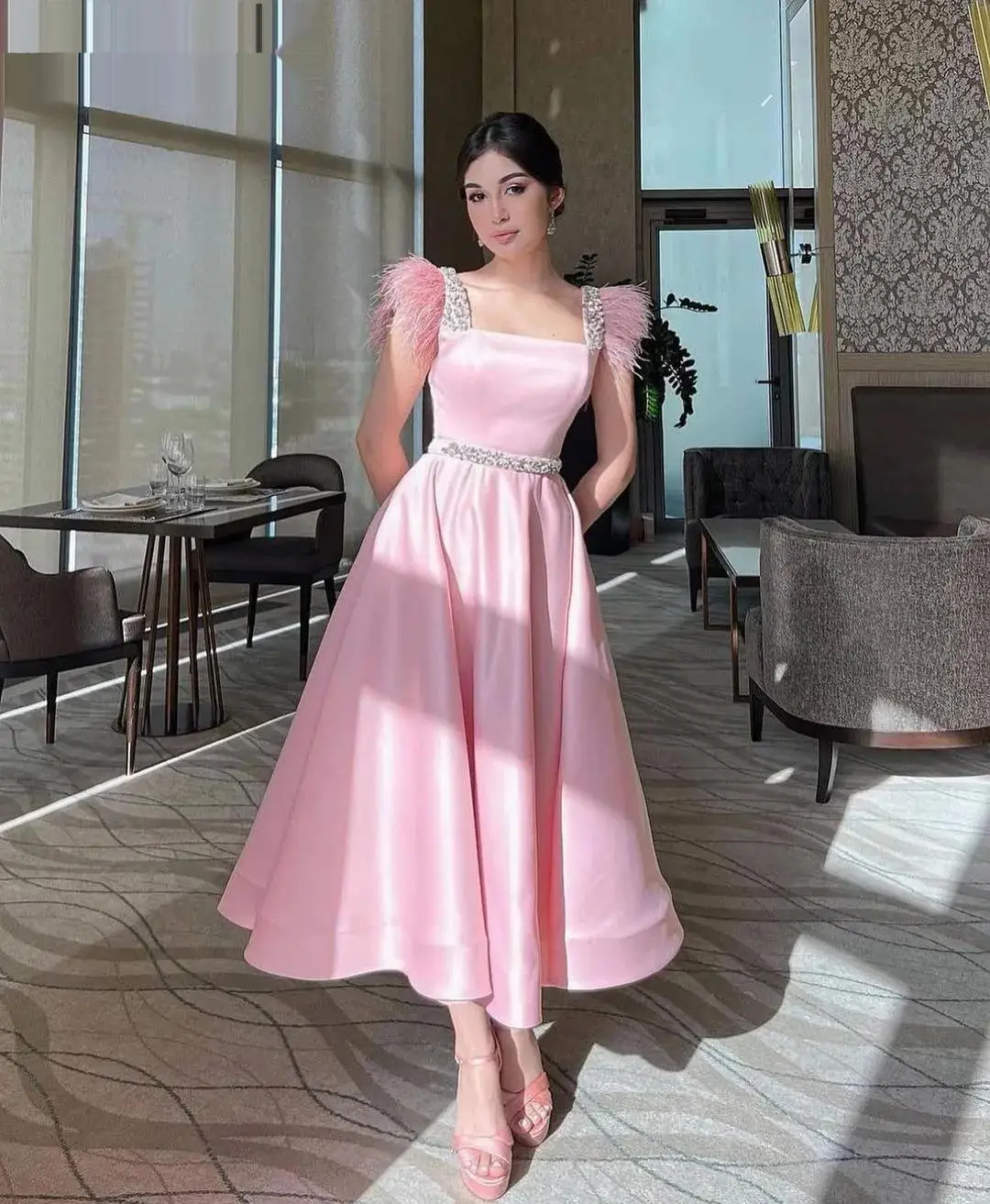 Pink Rhinestone Prom Dresses 2024 With feathers A-Line Princess Customizable Elegant Party Gown For Eid