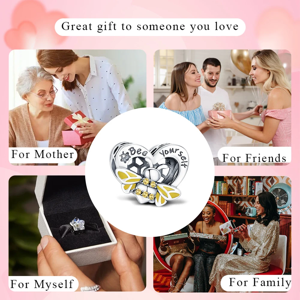 New Hot Sale Charms Bead 925 Sterling Silver Bee Yourself Bee Heart-shaped Charm Fit Bangle Bracelet Necklace DIY Jewelry view 5