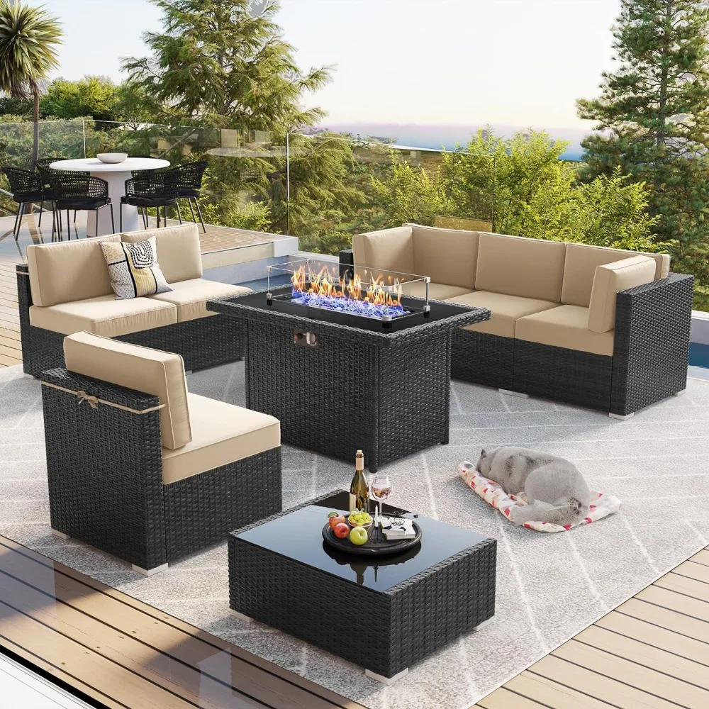 

8 Piece Patio Furniture Set with 44" Propane Gas Fire Pit Table, Sectional Conversation Set Wicker Rattan Sofa Set with Table