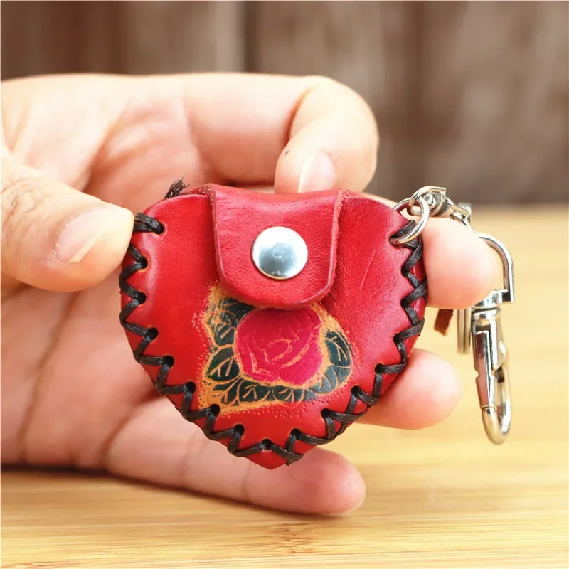 Leather creative handmade red heart-shaped keychain bag accessories mini coin bag heart-shaped fashion matching pendant