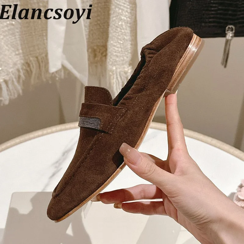 

Spring Autumn Round Toe Retro Suede Flat Shoes 2024 Women's Metal Bead Elastic Band Roman Single Shoes Casual Walking Shoes