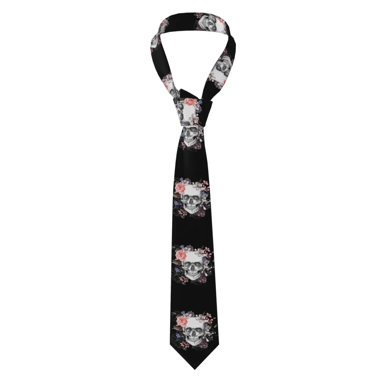 Men Slim Skull Rose Pattern Necktie Casual Party Costume Tie Unisex Fashion Accessory For Halloween Daily Wear