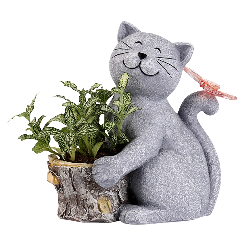 Solar Powered Cat Artwork Flower Pot Creative Kitten Succulent Pot with Light Cat Butterfly Planter Statue for Cabinet Backyard
