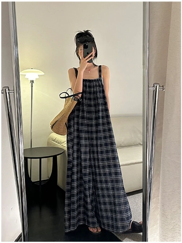 Summer Plaid One-Piece Pants Women's Loose Wide Leg Long Pants Strap Dresses Lazy Style High Waist Korean Version Polyester F...
