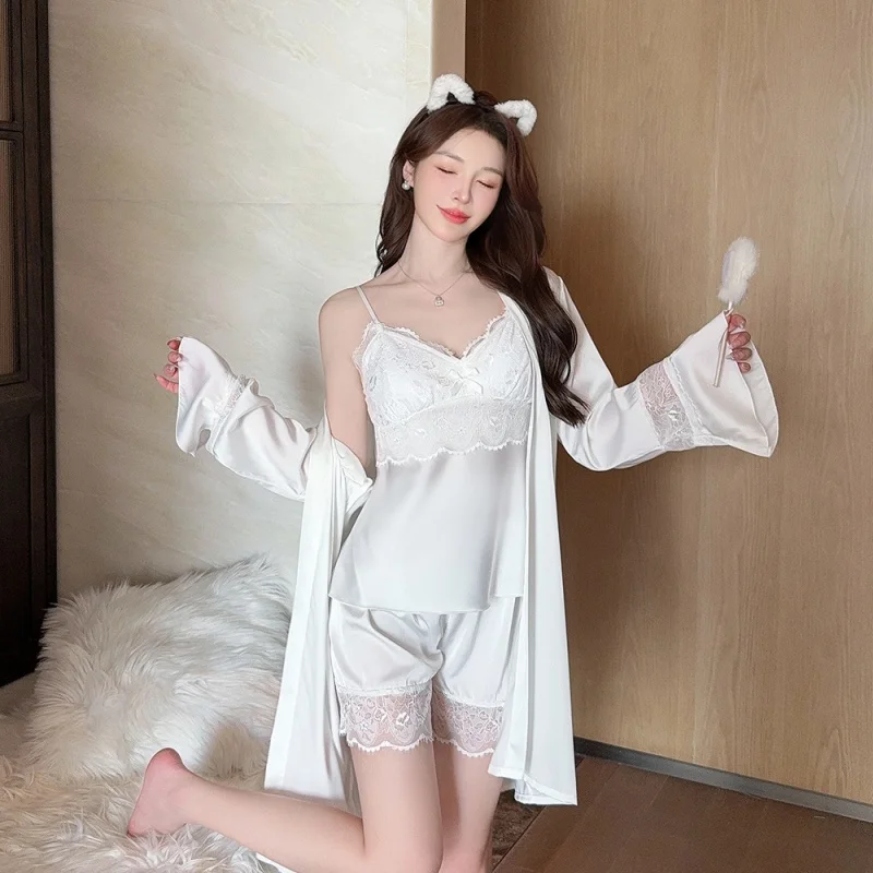 

Sexy Pajamas Three-Piece Female Spring and Summer with Cushion Satin Lace Pure Desire Suspenders Shorts New Robe Suit Homewear