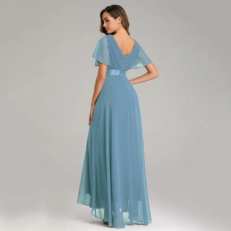 

2023 Elastic Chiffon Wedding Bridesmaid Dress Swing Flare Short Sleeves Party Gathering Elegant Luxury Long Waist Neck Dress