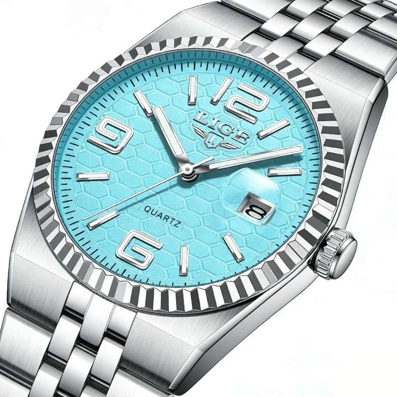 LIGE Men Watches Tiffany Blue Honeycomb Dial Quartz Wristwatch Luminous 3ATM Waterproof Businsess Watches for Man Relogio Clock