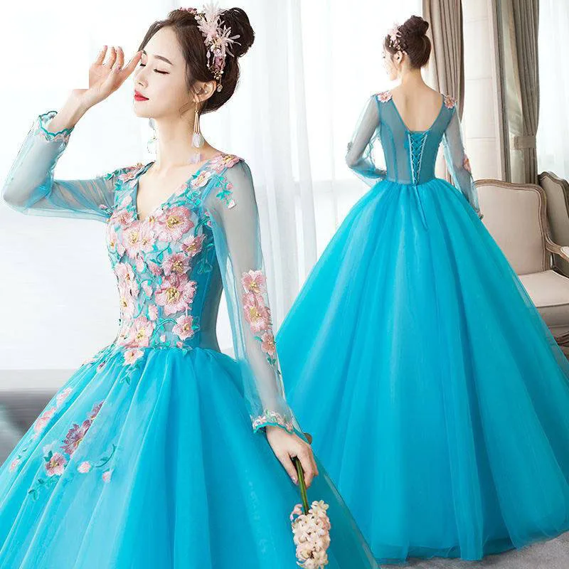 New Sweet Ball Gowns With Sleeves Sexy Illusion Deep V-neck Quinceanera Dresses Exquisite Flowers Tulle Prom Dress Customized