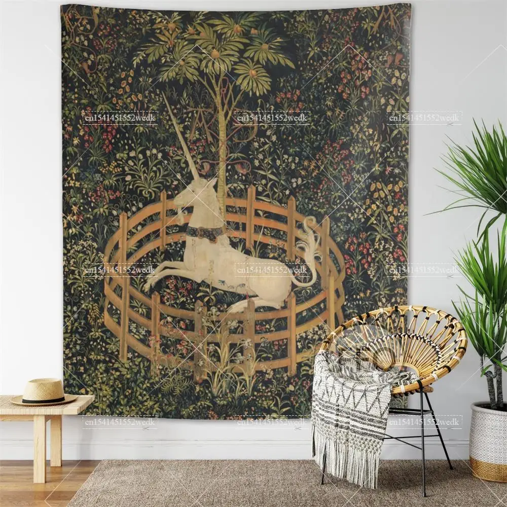 The Unicorn In Captivity Wall Tapestry Cover Beach Towel Picnic Yoga Mats Aesthetic Home Decoration Vintage Paintings For Room