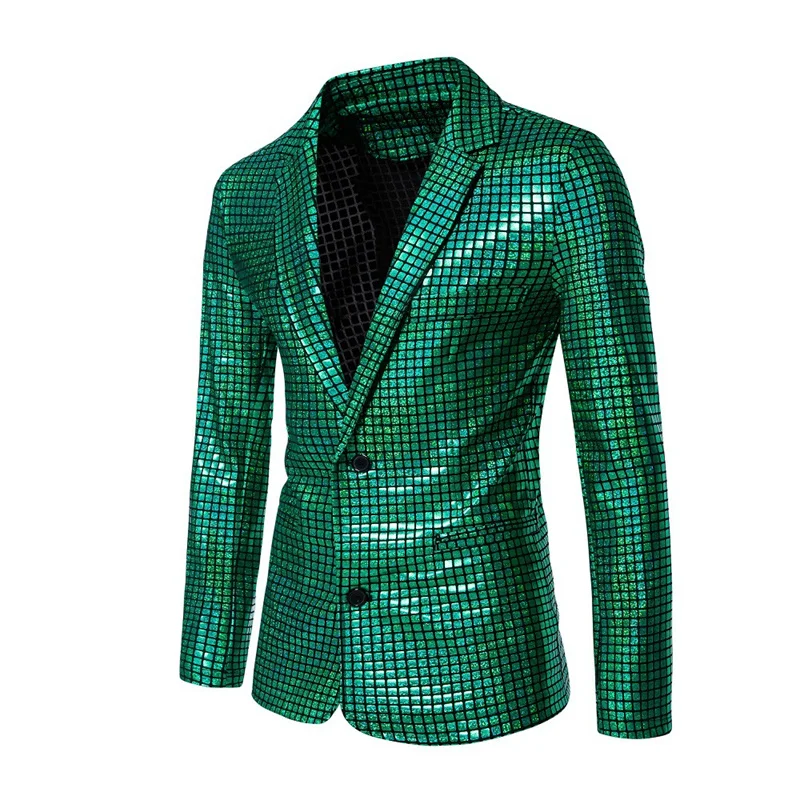 Fashion Trend Men Rainbow Plaid Suit Jacket Gold Silver Male Dance Party Casual Thin Loose Blazer Coats