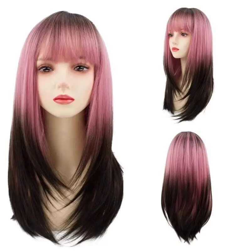 

Long Straight Hair Pink Black Synthetic Wig