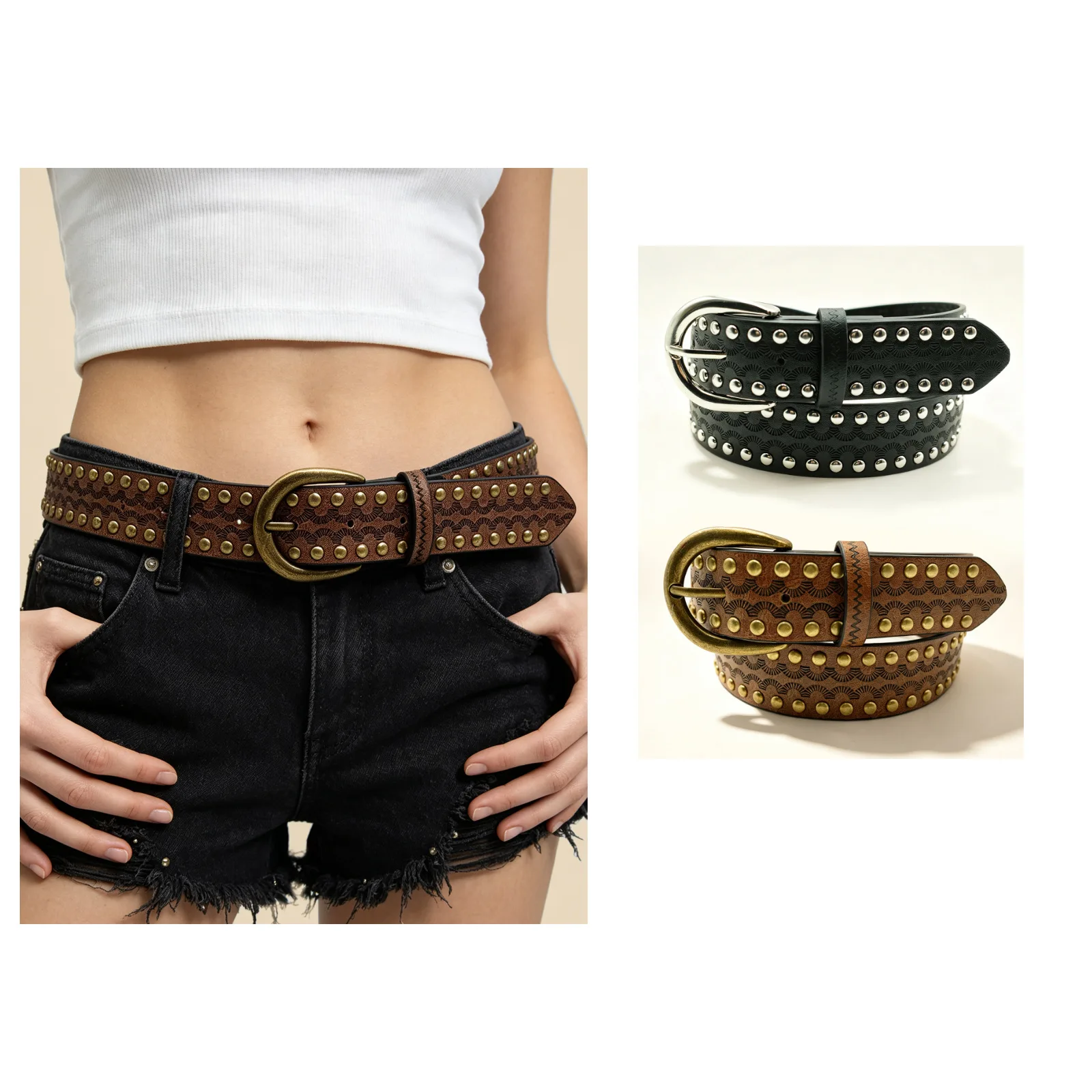 Spicy girl full nail decorative belt, American retro fan-shaped embossed rivet belt with denim shorts workwear
