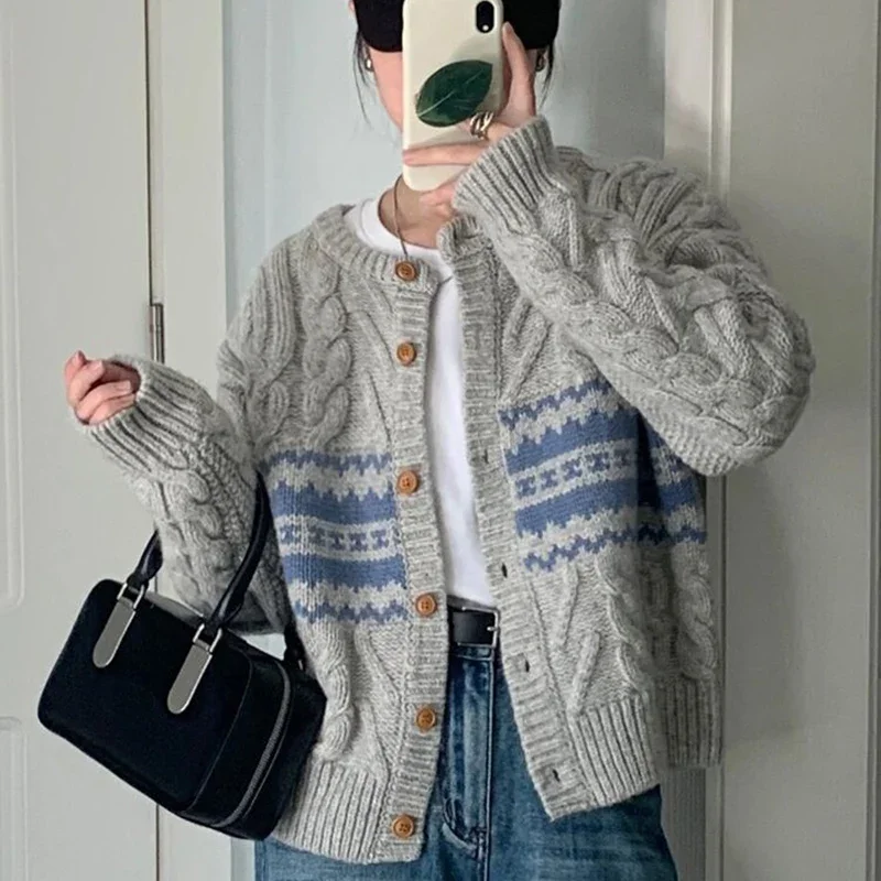 

Rimocy Korean Gray Round Neck Cardigans Women Stripe Patchwork Twist Sweater Cardigan Woman Long Sleeve Knitted Coats Female