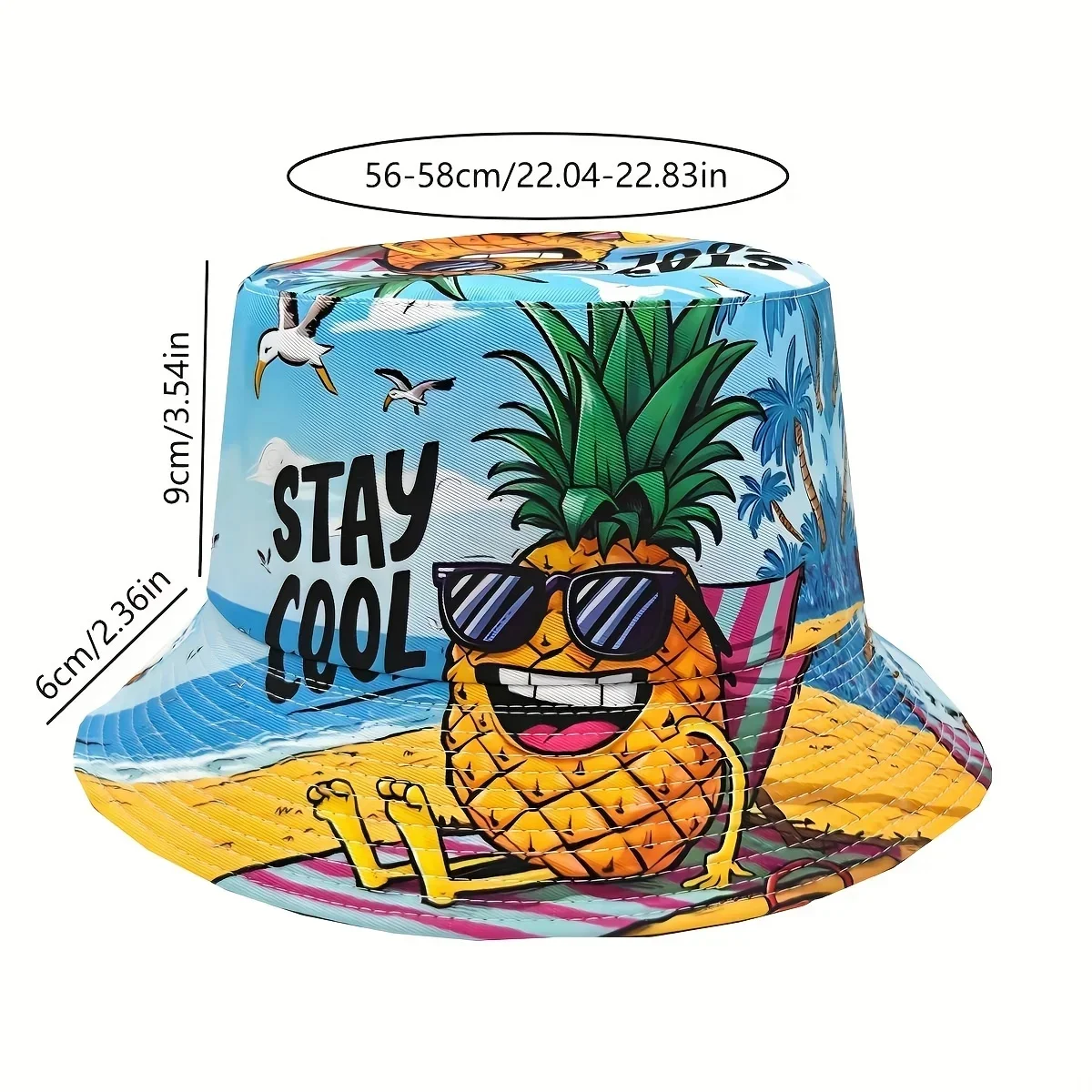 Customization Casual Summer Cool Pineapple Pattern Printed Bucket Hat, Unisex Outdoor Vacation Lightweight Reversible Bucket Hat