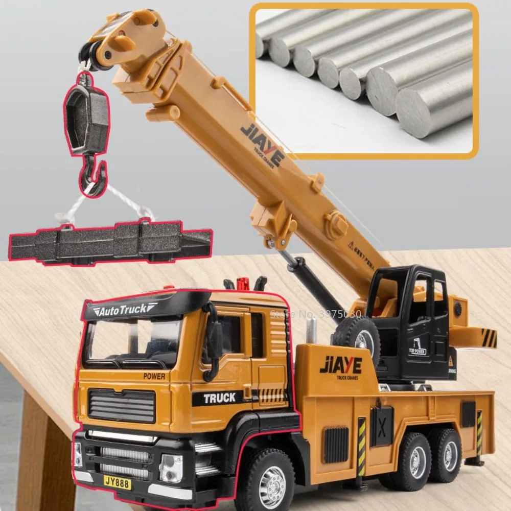 1/50 Scale Crane Truck Model Toy Alloy Engineering Vehicles Metal Diecast Pull Back Sound Light Decorations Toys for Boys Gifts