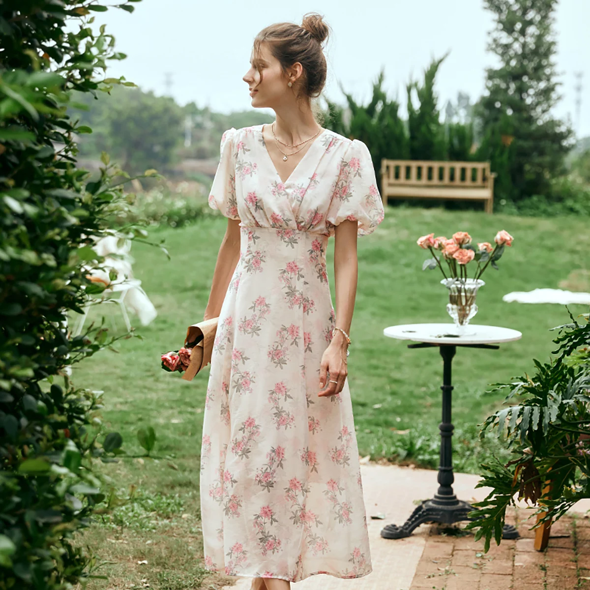 

OLrain 2025 Summer French Style Light Pink Womens Dresses Commute V Neck Puff Sleeve High Waist Floral Evening Dress O24XL91236
