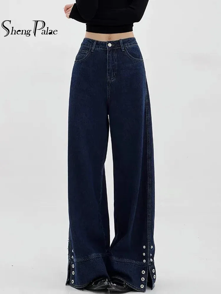 SHENGPALAE High Street Jean For Women 2025 Spring New Fashion Pockets Spliced Beading Solid Color Female Flares Trousers 5G592