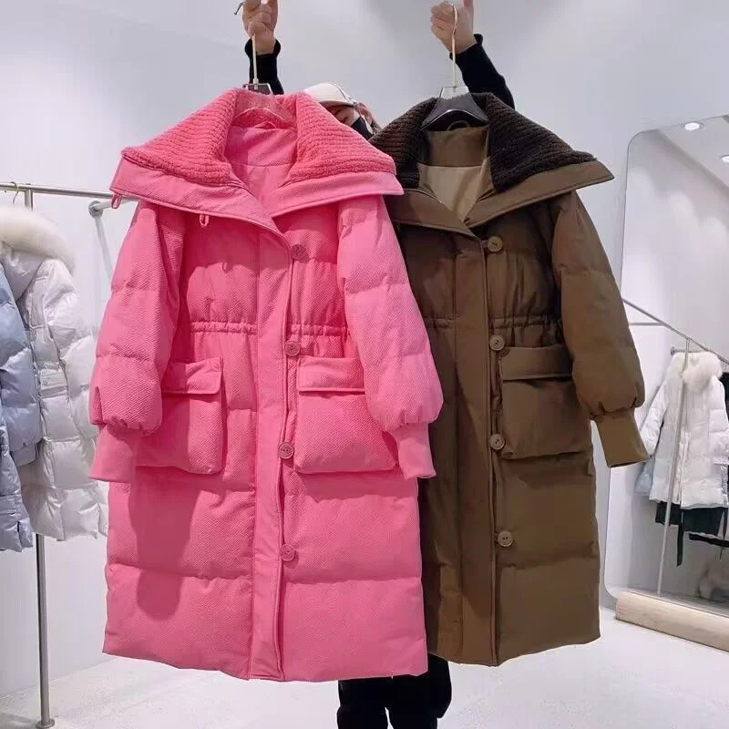 2024 autumn and winter big lapel down feather cotton-padded jacket women's long rose pink short Korean waist cotton-padded coat