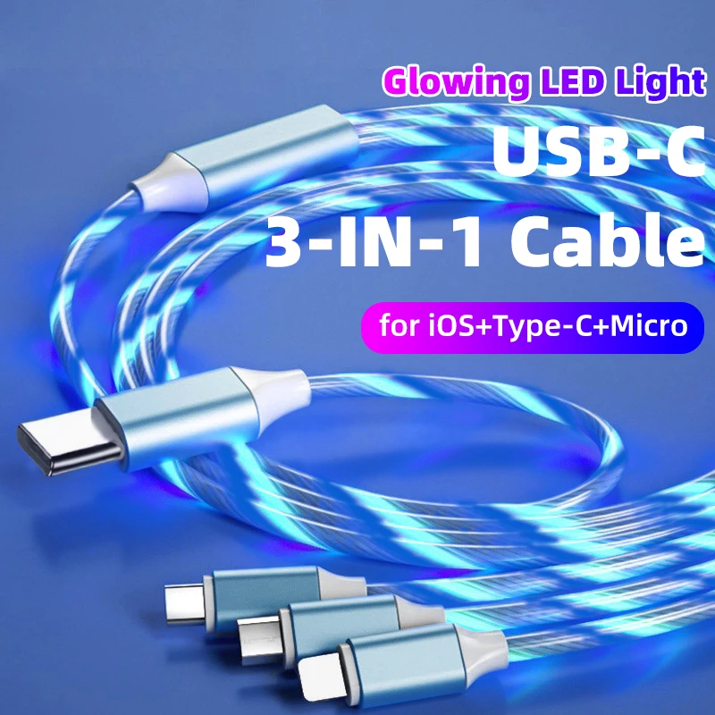 

PD 3 in 1 LED Light Glowing Charging Cable 3A Micro USB C Type C Flowing Streamer Type-C Cable for Samsung iPhone Xiaomi Huawei