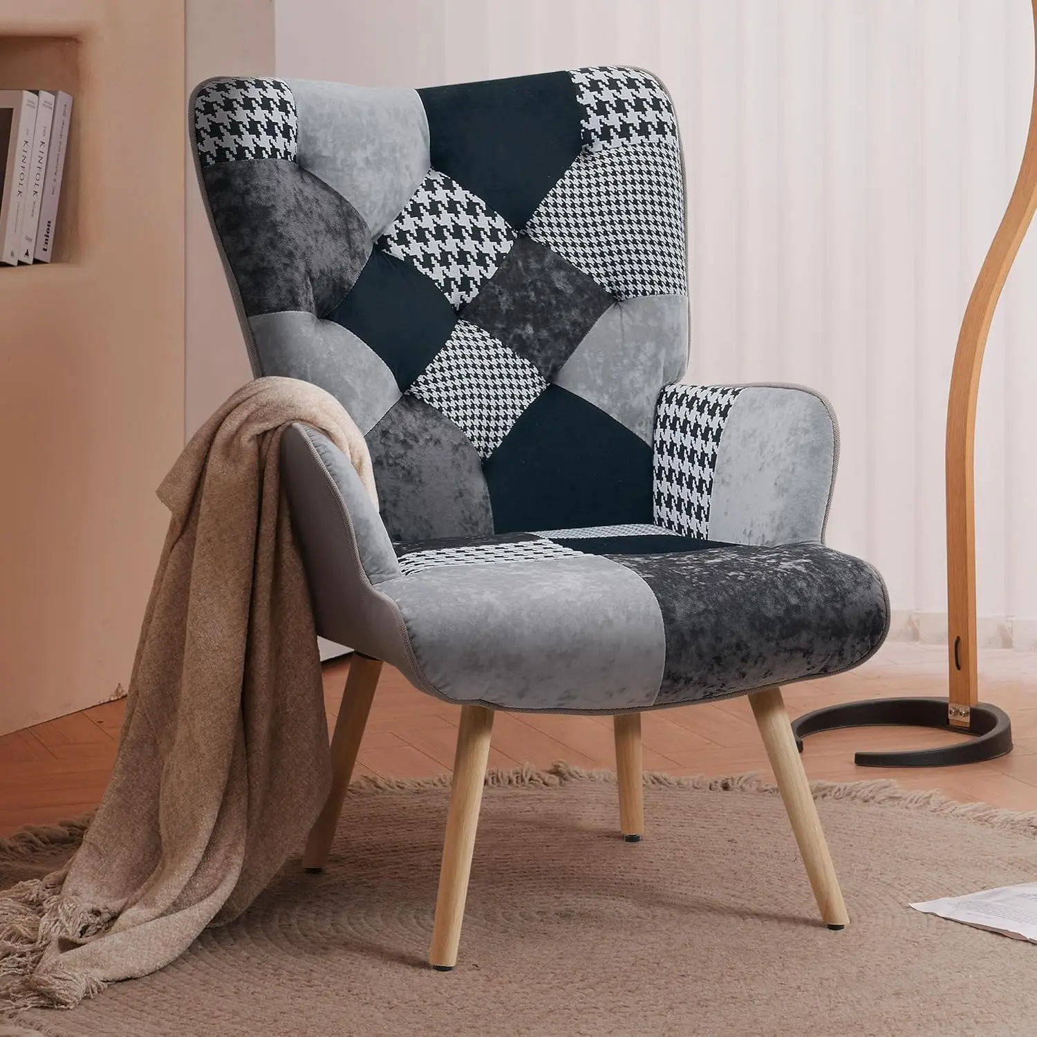 High Back Accent Chair Houndstooth Bohemian Style Upholstered Armchair for Living Room Bedroom Waiting Room, Customized
