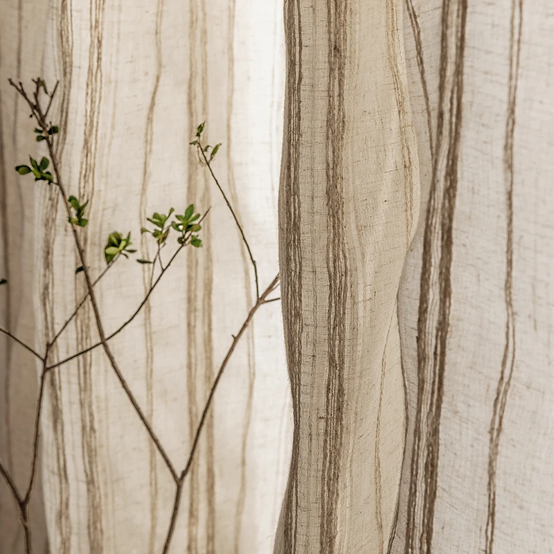 Rural Solid Linen Color Sheer Curtains for Living Room Bedroom Vintage Natural Cotton Flax Gauze Striped Window Drapes Home Deco