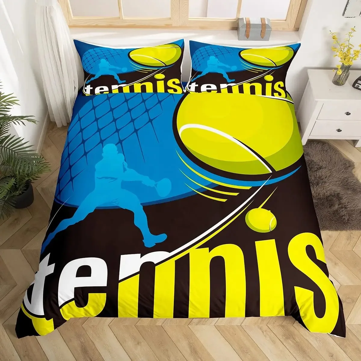 Tennis Bedding Set Full Size Sports Theme Comforter Cover Tennis Lover Duvet Cover Ball Games Yellow Black White Quilt Cover