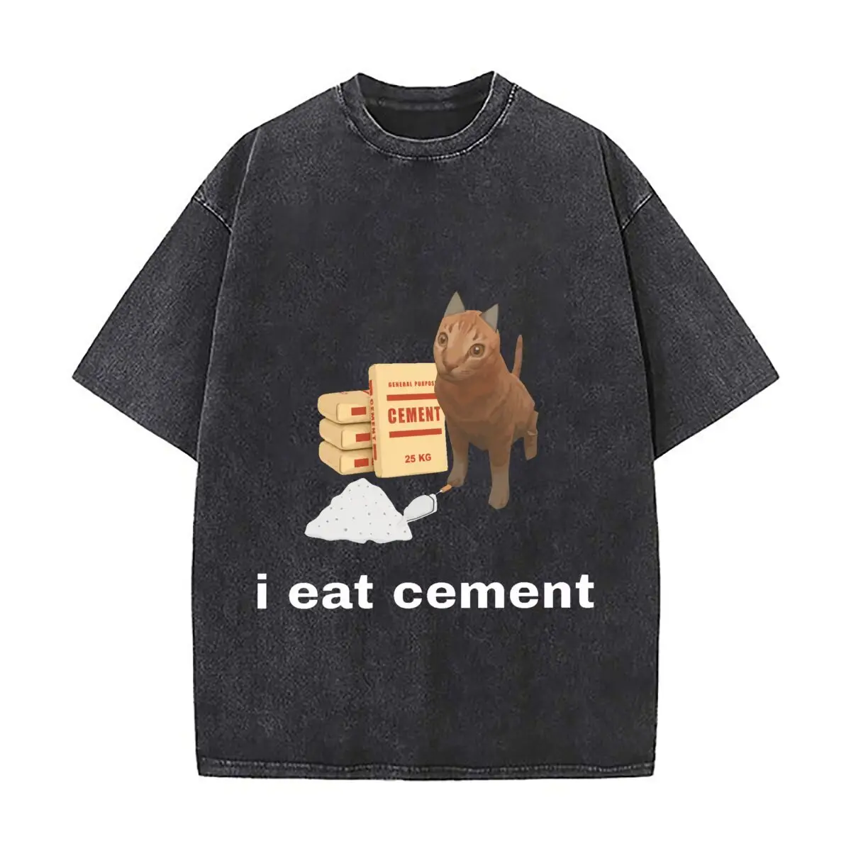 General Purpose Cement 25 KG Cat Meme Graphic Washed Distressed Loose Streetwear Tops for City Walks