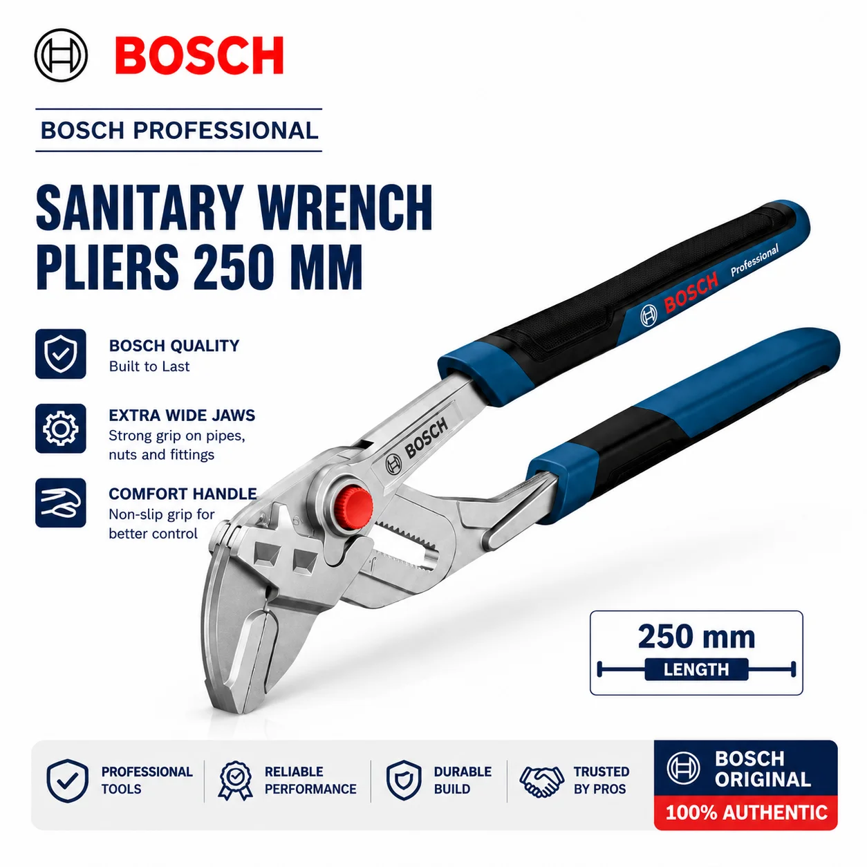 BOSCH 250mm Pliers Wrench Quick Adjustment 48mm Jaw CrV Steel Smooth Jaw Plumbing Hand Tool for Nuts Pipes Fittings