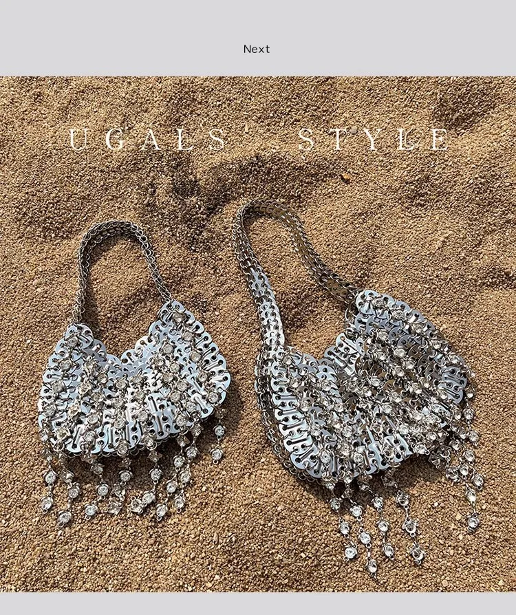 Fashion Bling Shiny Metal Sequined Woven Handmade Handbag Glitter Diamond Tassel Women Luxury Designer Evening Bag Shoulder Bag