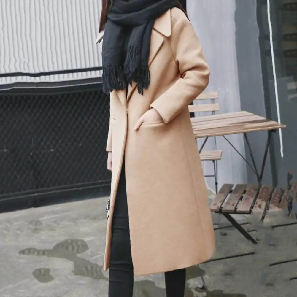 

Winter Women Coat Elegant Midi Length Loose Overcoat Solid Color Cardigan Pockets Single Button Winter Overcoat For Dating