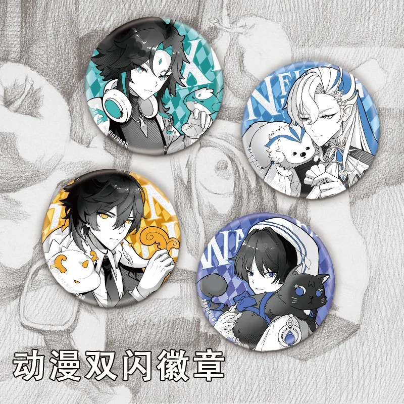 1PC Anime Game Genshin Scaramouche Neuvillette Reflective Badges Brooches Men Clothes Scarves Pins Decorations Beautiful Gifts