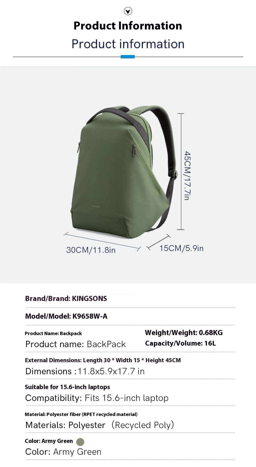 Kingsons 2025 Nuovo zaino in poliestere riciclato per uomo donna Zaino da viaggio impermeabile per laptop da 15,6 pollici con porta di ricarica USB-A
