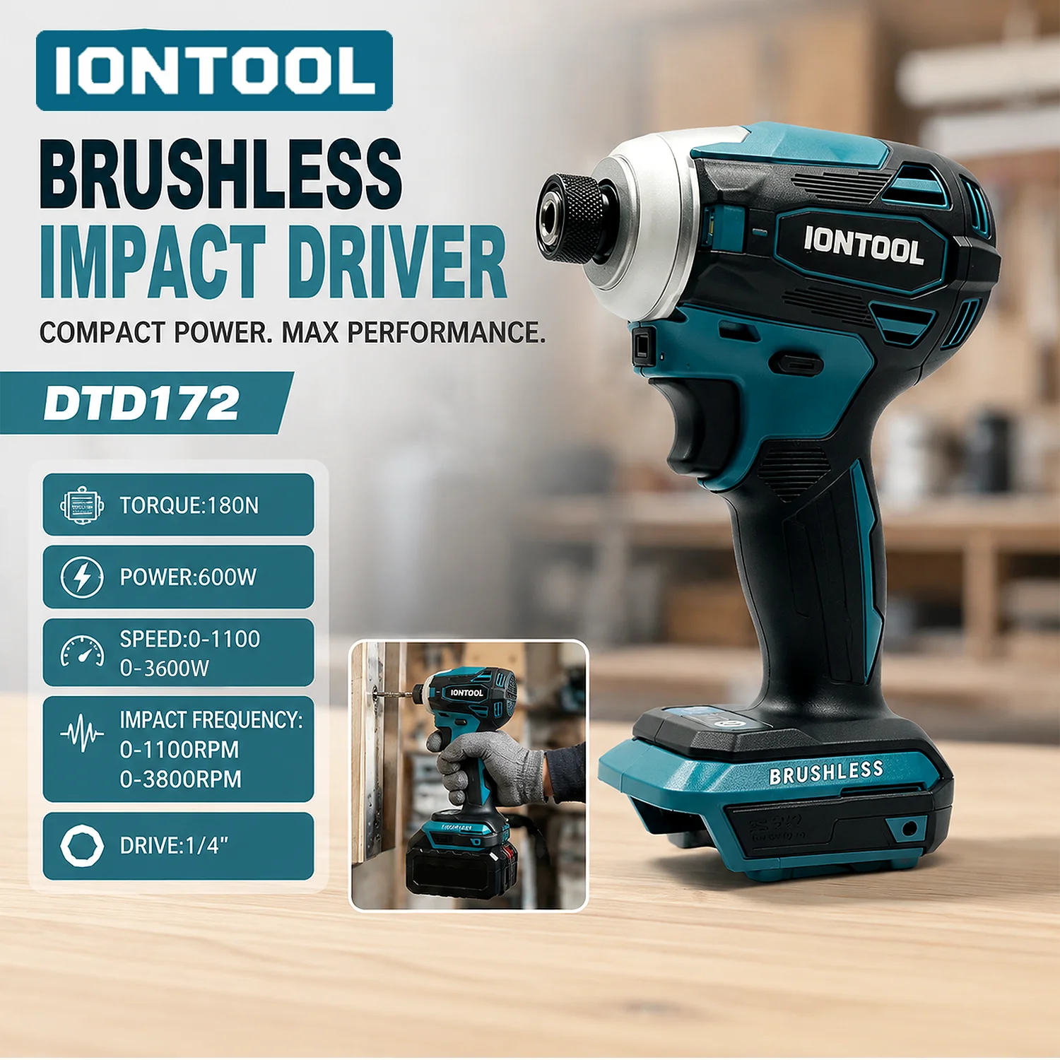 IONTOOL Impact Driver 600W 180N.m Lightweight Variable Speed Brushless Cordless For 18V Battery Home Garage Repair Tool